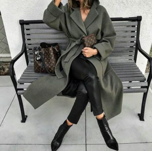 ZARA KHAKI 100%WOOL BELTED LONG COAT POCKETS BLOGGERS