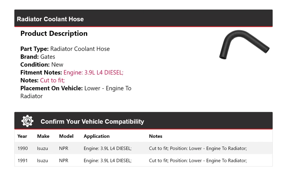 适用于 1990 - 1991 五十铃 NPR 散热器 冷却液软管较低 - 发动机到散热器门 — 第 2/4 张图片