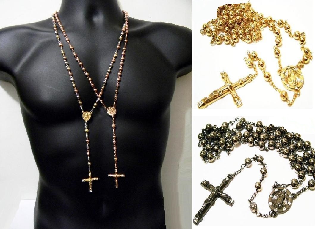 Hip Hop Rap Style Necklace Rosary Bead Virgin Mary Cross Pendant