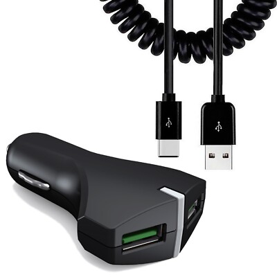 Car Charger 36W Fast 2-Port USB Coiled Cable Type-C Quick Charge for SmartPhones