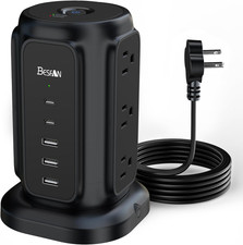 Flat Plug Power Strip Tower with 9 Outlets 5 USB Ports 2 USB C , 1625W 6.5Feet