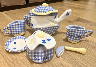Pottery Barn Kids Plush Tea Set Partial Blue White Yellow Stuffed Toy