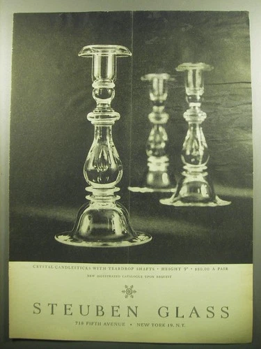 1958 Steuben Glass Crystal Candlesticks with Teardrop Shafts Advertisement
