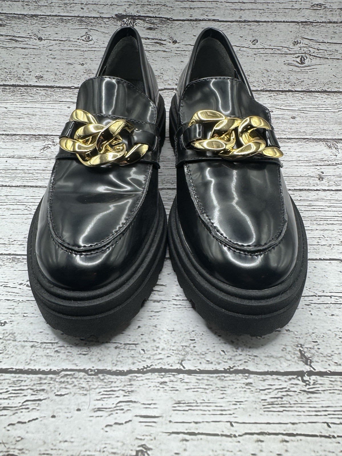 SAOLA Steve Madden Mocassino Donna 7 5 Nero Suola Grossa Lug Catena Makira Ottimo