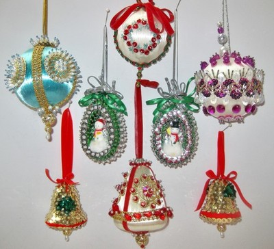 Lot of 8 Beaded, Sequin Christmas Tree Foam Ornaments Bells Satin - Sulyn+ VTG