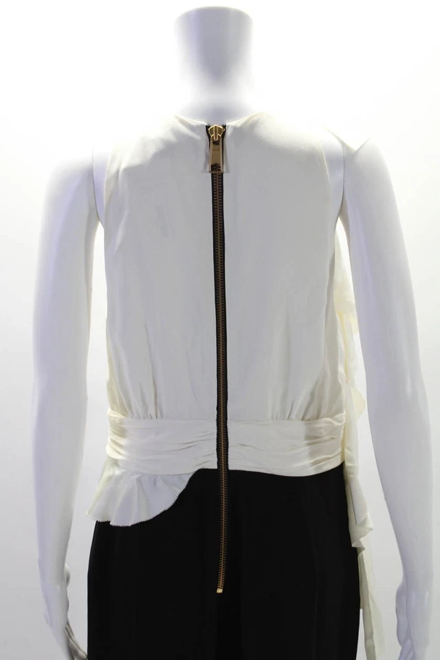 Rachel Zoe Womens Colorblock Print Ruched Flared Jumpsuit White Black Size 10 - Image 4 of 4