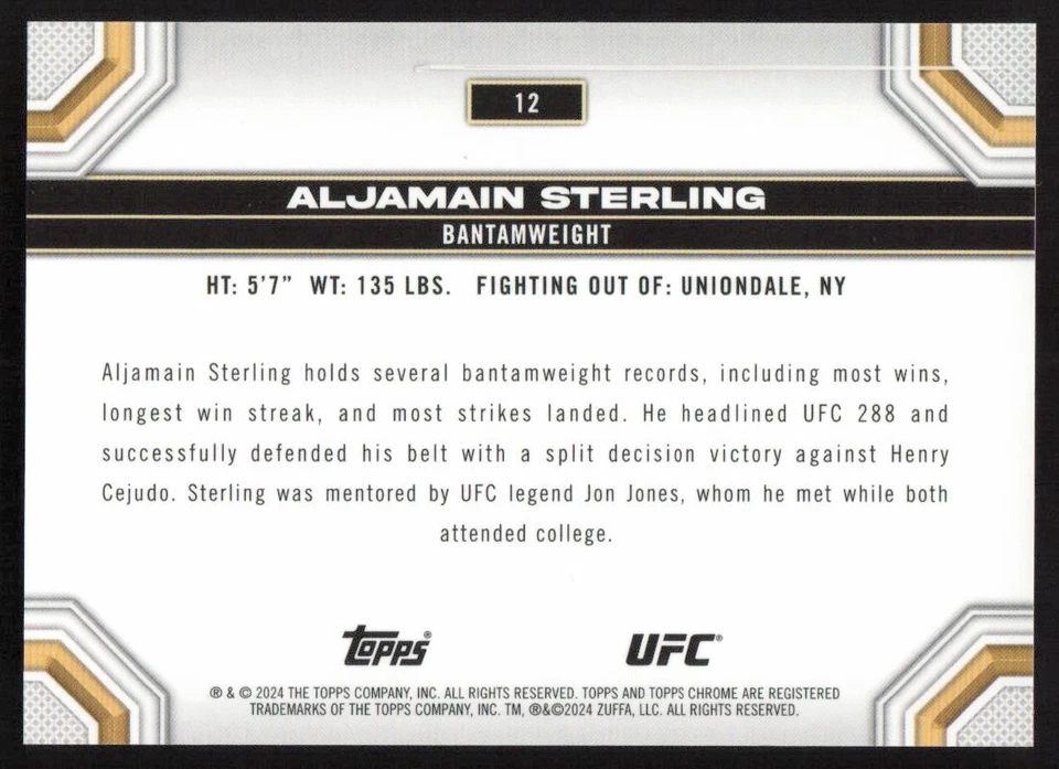 2024 Topps Chrome UFC Aqua Refractor #12 Aljamain Sterling /199 - Image 2 of 2