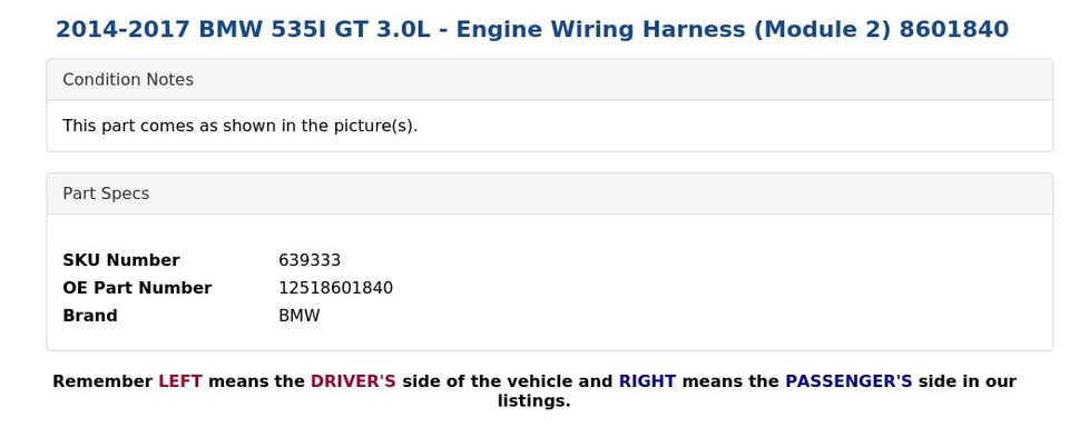 BMW 535I GT 2014-2017 3,0 L - Arnés de cableado del motor (módulo 2) 8601840 Foto 3 de 4