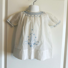 Vintage Girls Baby Dress Off White Smocked Embroidered Front Blue Flowers Spot