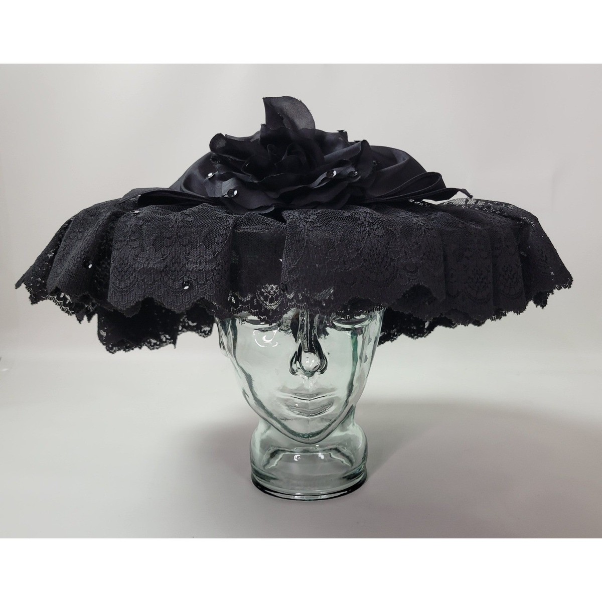 Whittall & Shon Black Straw‎ Wide Brim Hat Lace Ruffles Satin Flower Sequins Whittall & Shon Black Straw Wide Brim Hat Lace Ruffles Satin  main image 3