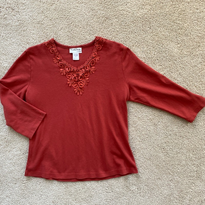 North Style Women Dark Orange 3/4 Sleeve Top Blouse Sz L Lace Neckline