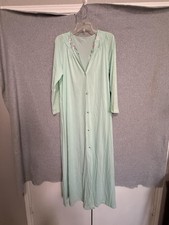 Vtg Shadowline Robe Womens Small Green Nylon Button Front Floral Embroidered