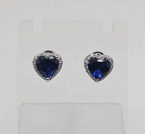 Sterling Silver Vintage 1.5 Ct TW Blue & White CZ Heart Halo Post Back Earrings