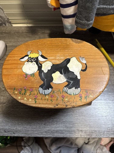 Vintage Hand Painted Wooden Step Stool Country Decor Cow Flowers Farmhouse