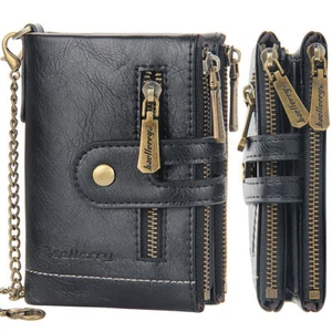 Mens Leather Bifold Wallet Double Zipper Coin Pocket with Anti-Theft Chain Purse