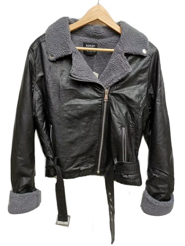 ASHLEY By 26 INTERNATIONAL Black Faux Leather Fleecy Biker Jacket Size 12 BNWT's - Picture 2 of 9