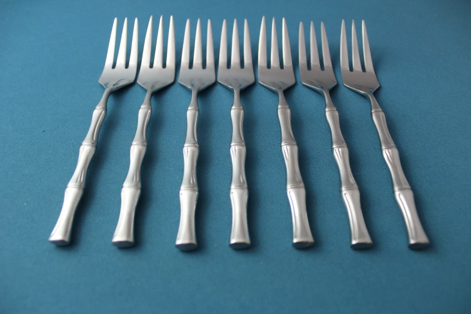 7 салатных вилок Supreme Cutlery от Towle БАМБУКОВЫЕ ЯРКИЕ 18/8 глянцевые Япония 6 5/8 дюйма - Изображение 2 из 4