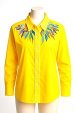 Bob Mackie Wearable Art Yellow Embroidered Shirt Vintage Button Down Retro Chic