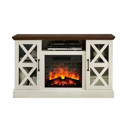 Farmhouse Fireplace TV Stand for TVs up to 55", off White/Walnut - Picture 3 of 8