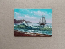 Classic seascape oil painting. Blue sky, emerald water and old wooden sailboat