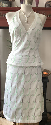 Oasis Halter Top Skirt, Fab 50's Styling White/Green/Grey Cotton