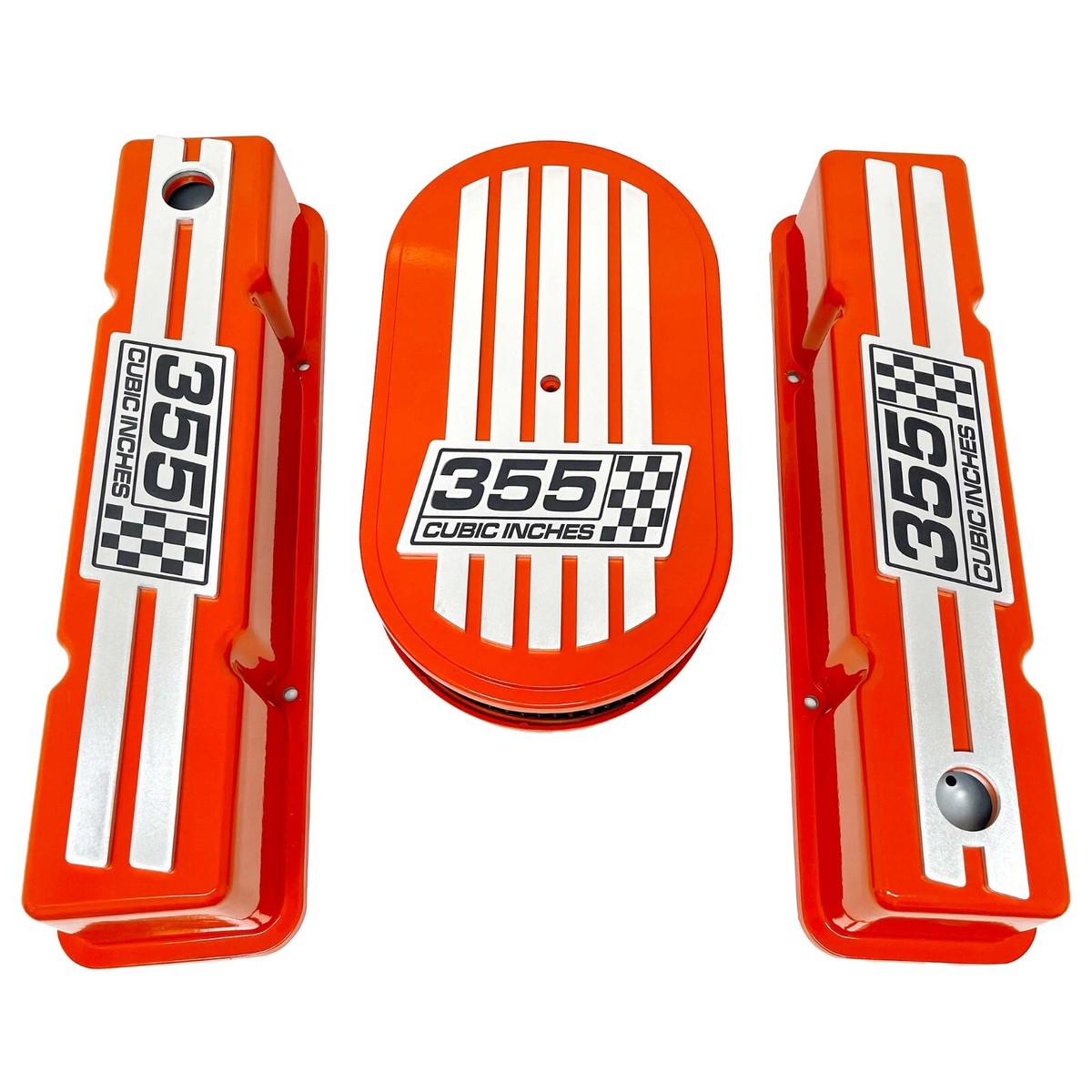 Small Block Chevy 355 Orange Valve Covers & 15