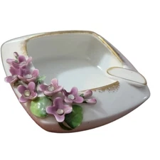 Vtg Lefton Ladies' Cigarette Ashtray Capodimonte Type Violet Flowers Rhinestone 
