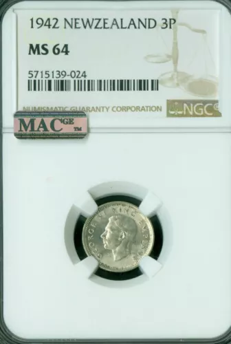 1942 NEW ZEALAND THREE PENCE 3P NGC MS64 PQ MAC SPOTLESS *