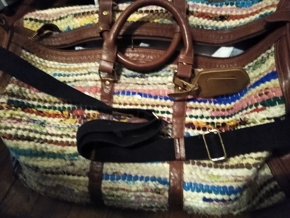 Bolso de Lona Grande J Peterman Almacenado Vintage Forrado Cuero y Trenzado Correa de Transporte Foto 3 de 4