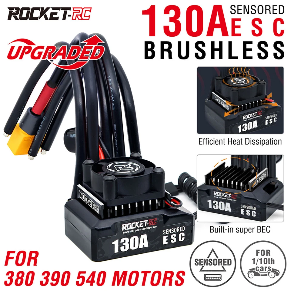 ROCKET-RC Brushless ESC 130A Sensore Velocità Regolatore Scheda Programma per 1/10 Auto - Immagine 3 di 4