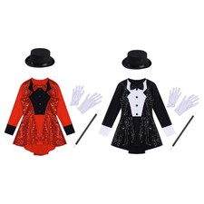 Girls Magician Outfit Sequins Tailcoat Dresses With Hat Fancy Leotard Halloween
