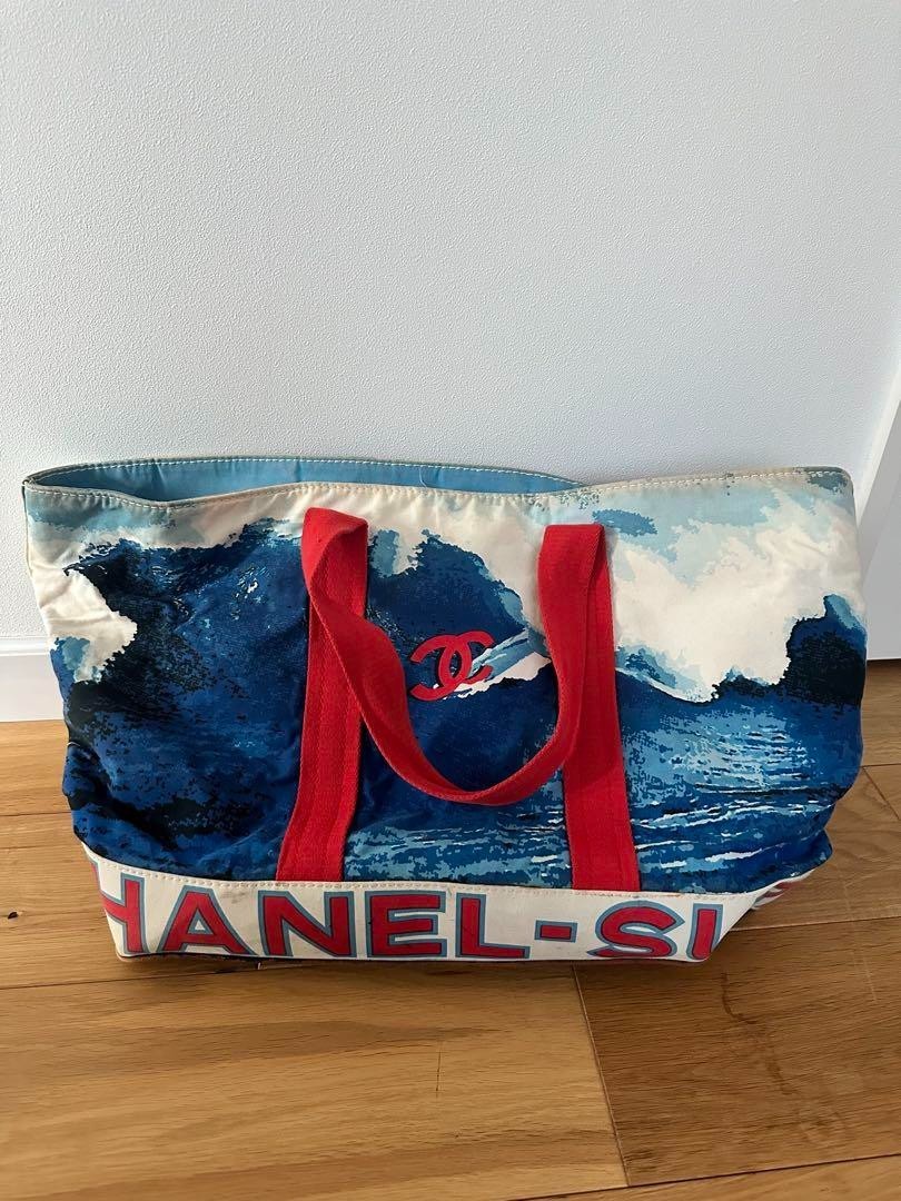 Vintage 2002 Chanel Surf Blue Canvas Bag with Red CC Logo and Navy Leather Base