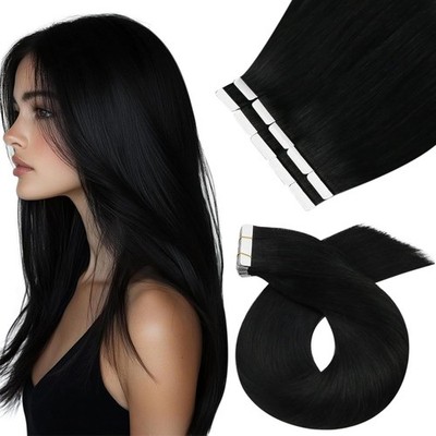 Tape Extensions Echthaar 10 Stück 25G/Paket, #1 Tiefschwarz Seidige Haare Mod...