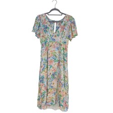 Billabong Floral Midi Dress Lightweight Summer Deep V-Neck Slit Sleeveless L