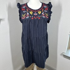 Boho Peasant Embroidered Pinstripe Shift Dress Floral Sleeveless Medium Navy