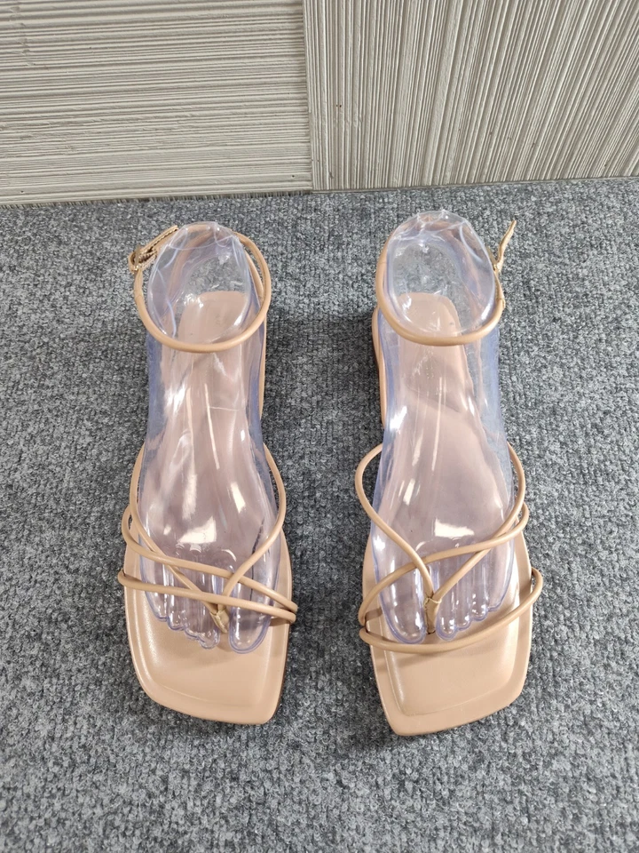 Sandálias planas Mark Fisher 8 bege nude biqueira quadrada tiras tornozelo minimalista chique - Imagem 3 de 4