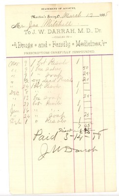 1885 J.W. Darrah M.D. Pharmacy Statement of Account   Martin s Ferry, Ohio