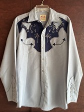 H Bar C Vintage Western Shirt Aplicay Rhinestone Blue Size Large Read