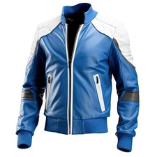 Men’s Blue White Bomber Jacket Real Leather Slim Fit Sporty Baseball Style Coat