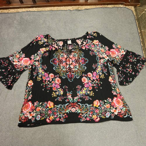 Bila Floral Tassel Top Bell Sleeve Peasant Hippie Boho Black Multicolor 2XL - Picture 2 of 21