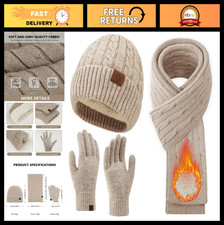 Winter Beanie Hat Scarf Gloves Set for Women - Knit Touch Screen Gloves, Fleece