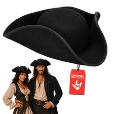 Black Tricorn Pirate Hat, Adult Buccaneer Halloween Costume Accessory