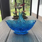 Vintage Fenton Colonial Blue Glass Split Twig Handle Daisy Button Oval Basket