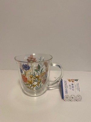 New BRANDANI Double Wall Glass 15oz  /450 ml Mug  Flower Design