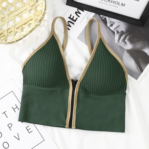 Womens Seamless Cotton Zipper Camisole Padded Cups V Neck U Back Wirefree Vest - Afbeelding 2 van 33
