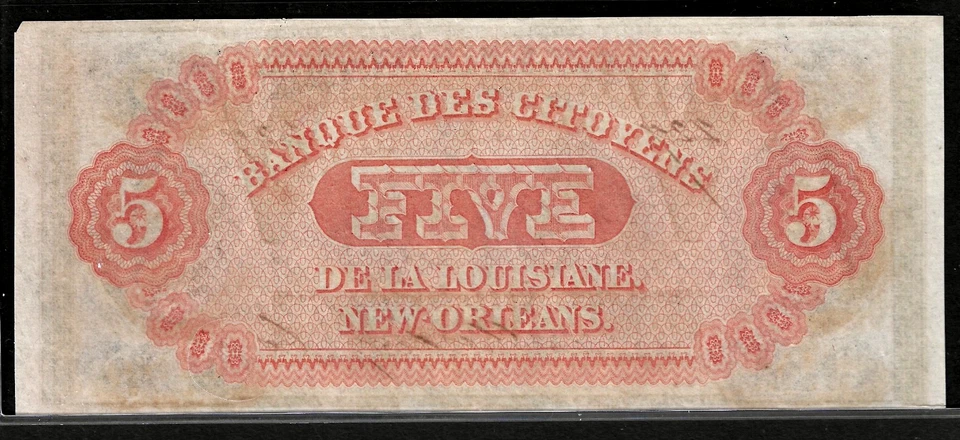 Oct 9, 1860 Citizens Bank New Orleans Louisiana $5 Dollar Obsolete Banknote #227 - Image 2 of 2