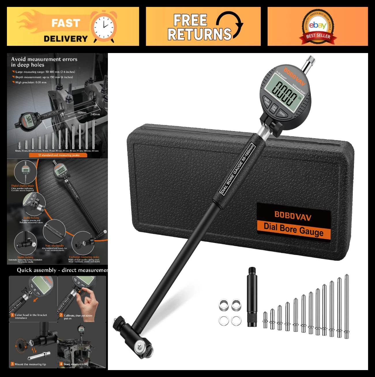 High Precision Digital Dial Bore Gauge Set 2-6" Measuring Tool 0.0005" Accuracy