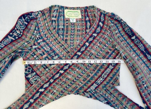 Vtg 70s Guatemalan Cotton Ikat Fabric Wrap Skirt & Bell Sleeve Cropped Tied Top - Picture 15 of 24