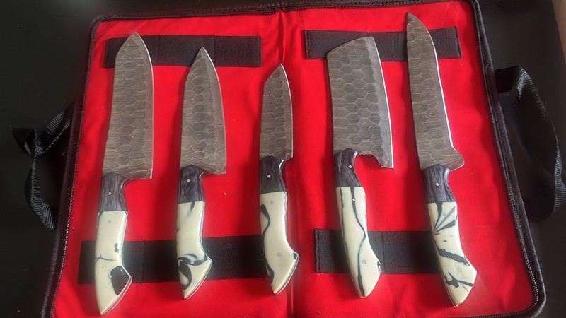 SK-14 Damascus Steel Knife Set of 5 Handmade Forged Chef Kitchen Professional