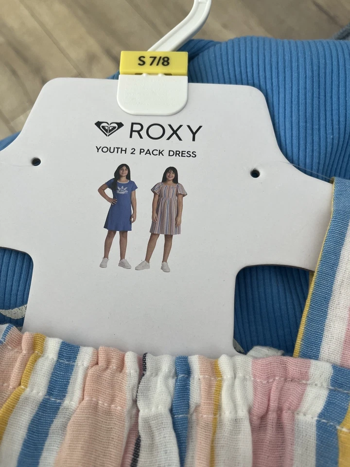 ROXY Brand Youth Girls Dress Set Size S 7/8 Pink Stripe & Blue Popover Tee - Image 2 of 4